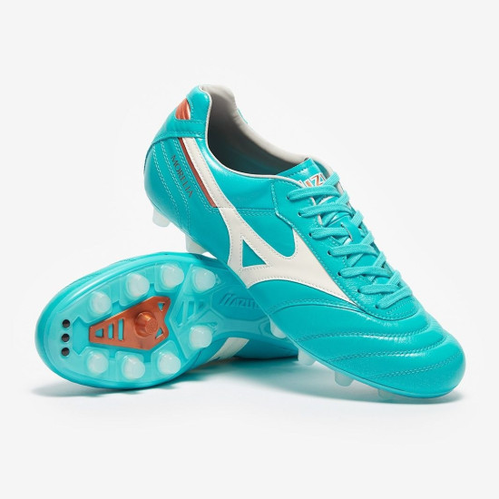 Sepatu Bola Mizuno Morelia II Made In Japan FG Blue Curacao Snow White Red Brown Satin P1GA2301-25