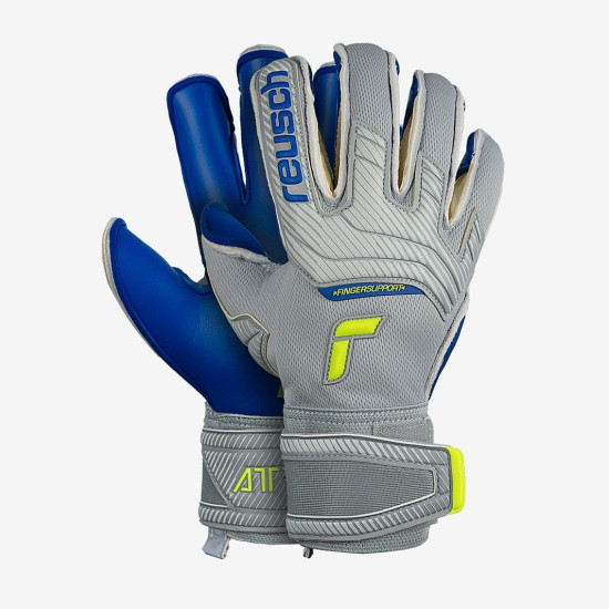 Sarung Tangan Kiper Reusch Attrakt Gold  X Evolution Cut Finger Support Vapor Gray Safety Yellow Deep Blue 5270950-6006